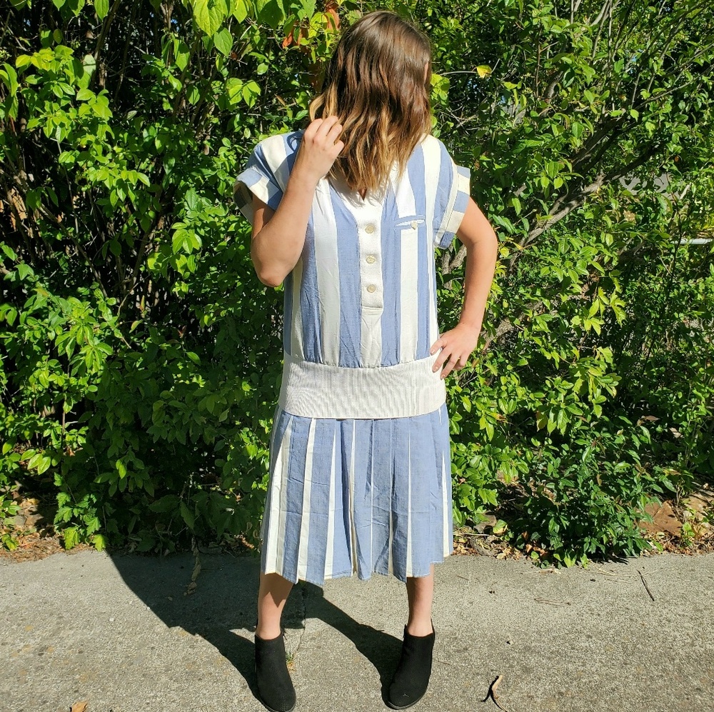 Vintage 80s Pleated Drop Waist Midi Linen Dress